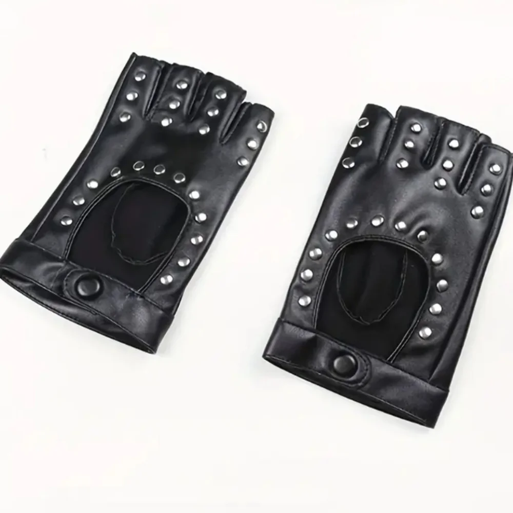 Black Faux Leather Studded Fingerless Gloves W/Snap Button Wrist Closure (OS)